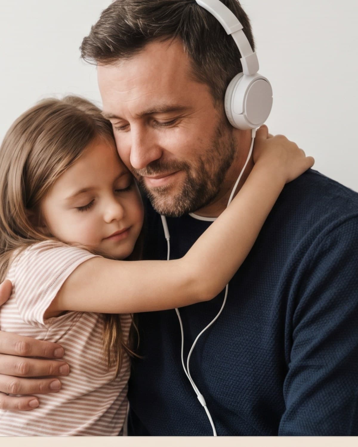 Vader knuffelt zijn dochter, samen luisterend naar muziek